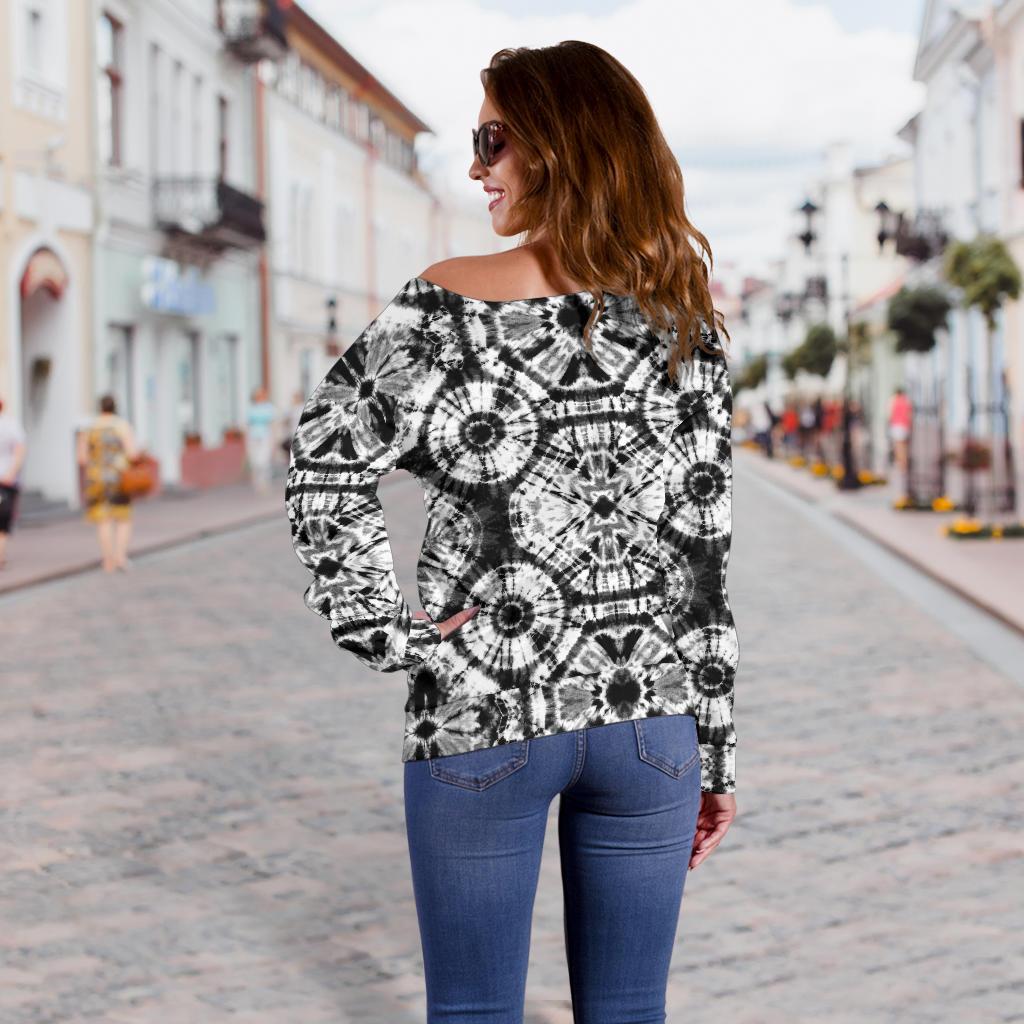 Tie Dye Black White Design Print Off Shoulder Sweatshirt