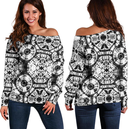 Tie Dye Black White Design Print Off Shoulder Sweatshirt