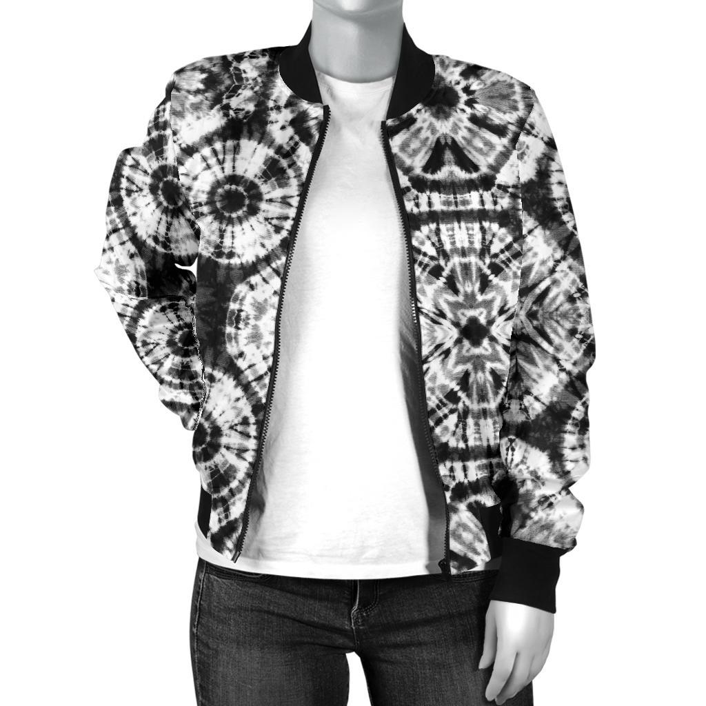 Tie Dye Black White Design Print Women Casual Bomber Jacket