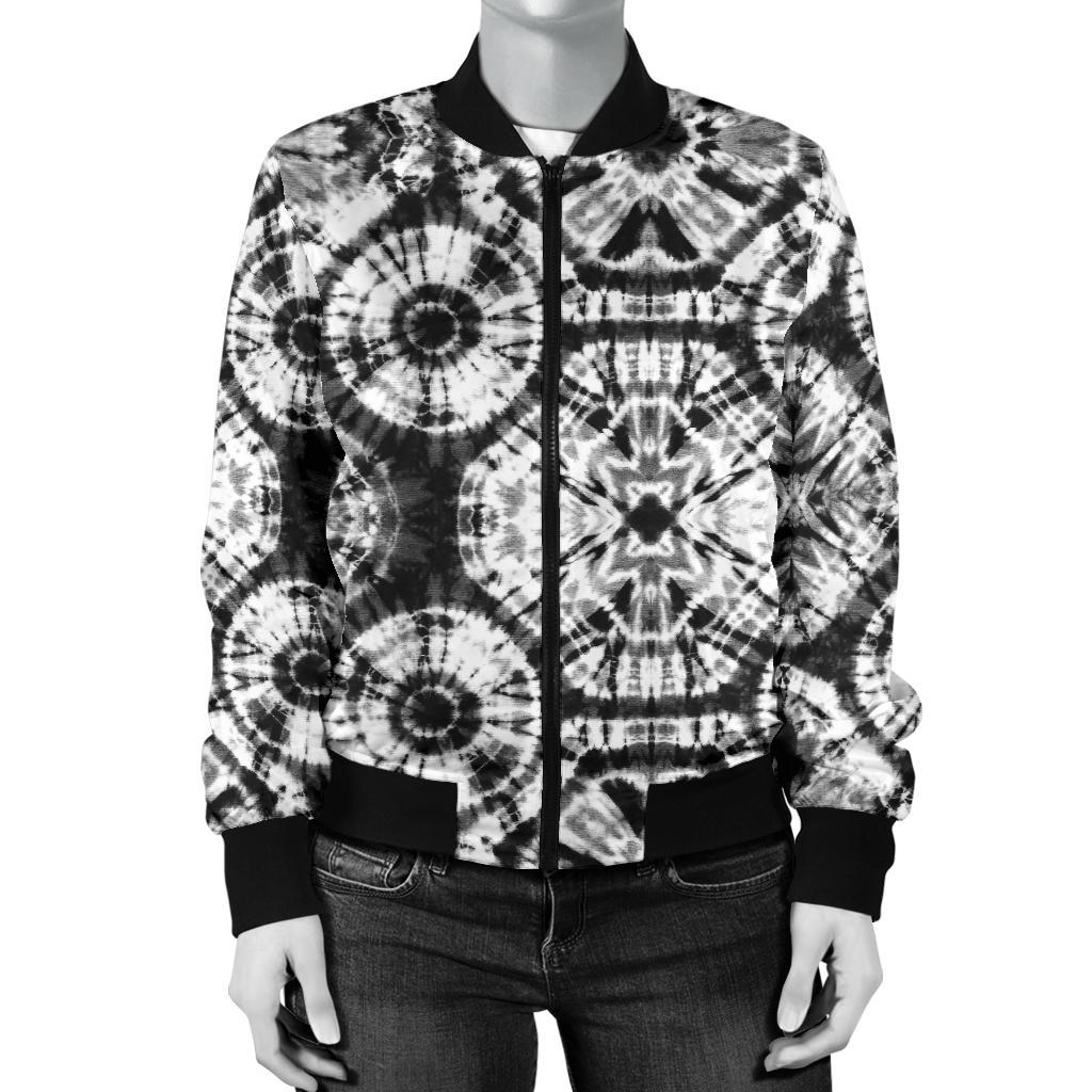 Tie Dye Black White Design Print Women Casual Bomber Jacket