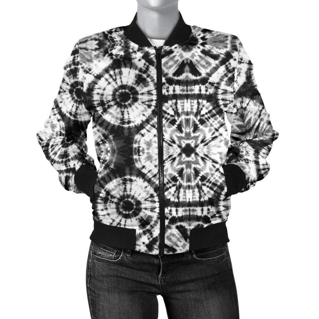 Tie Dye Black White Design Print Women Casual Bomber Jacket