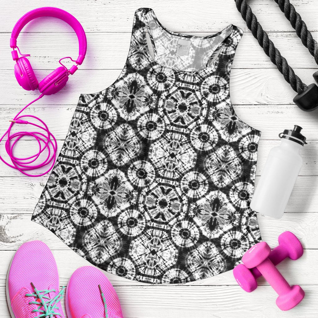 Tie Dye Black White Design Print Women Racerback Tank Top