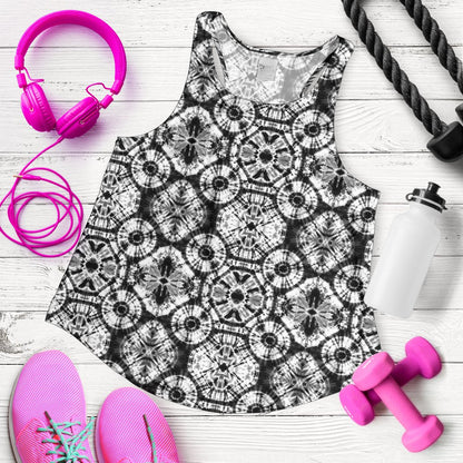 Tie Dye Black White Design Print Women Racerback Tank Top