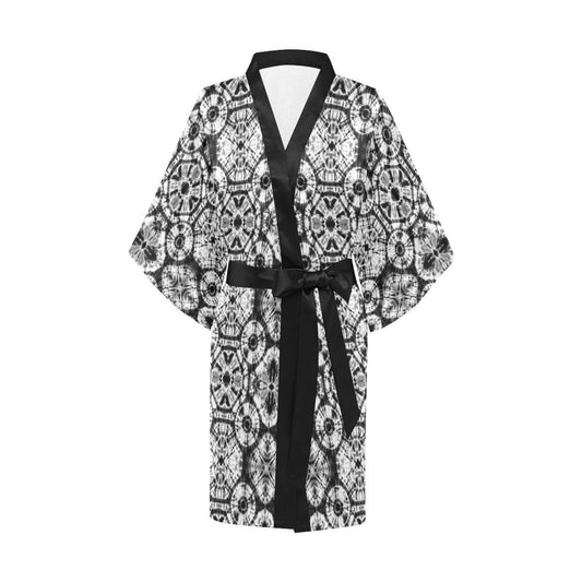 Tie Dye Black White Design Print Women Short Kimono Robe