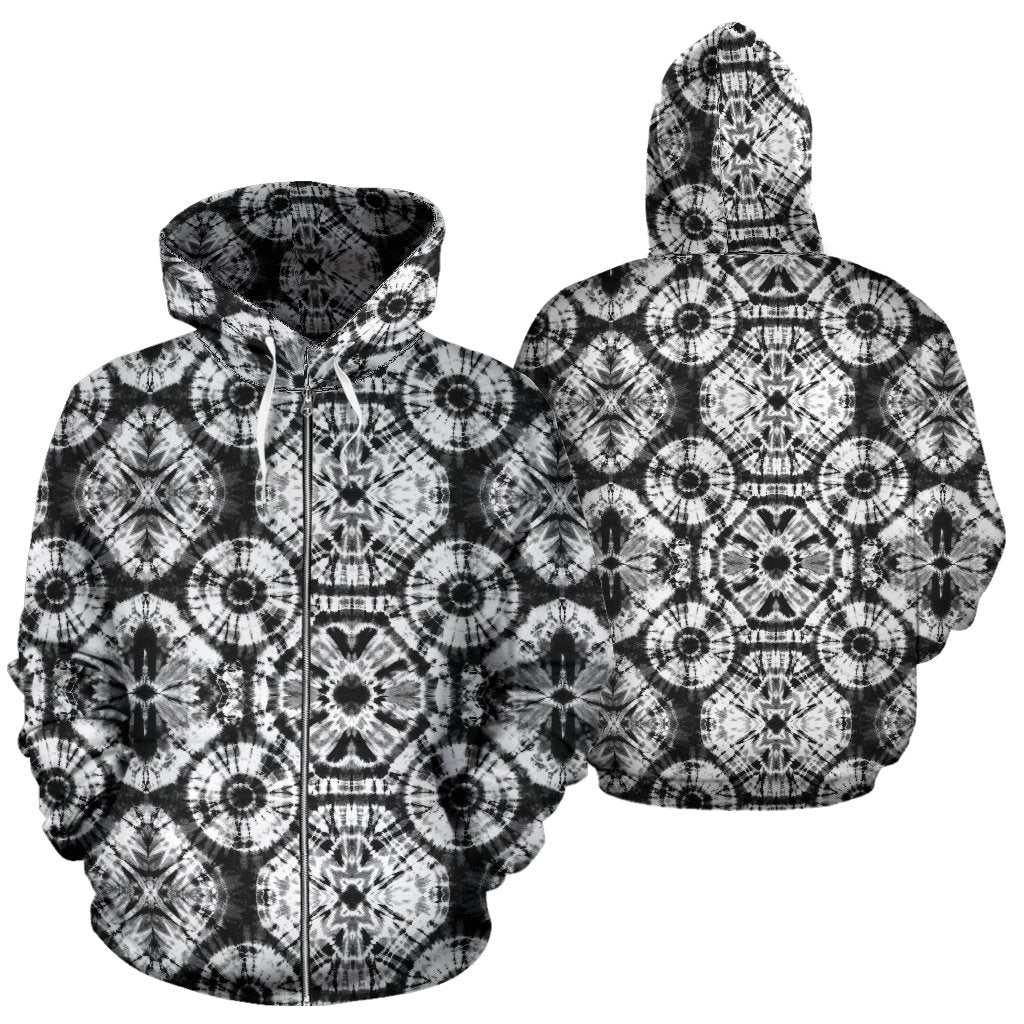 Tie Dye Black White Design Print Zip Up Hoodie