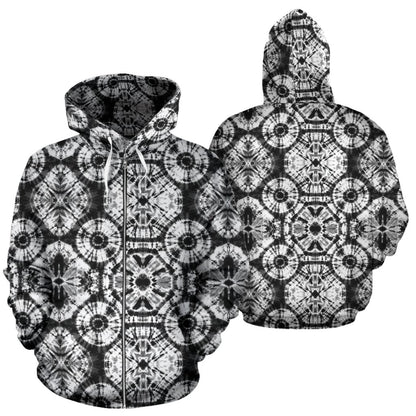 Tie Dye Black White Design Print Zip Up Hoodie