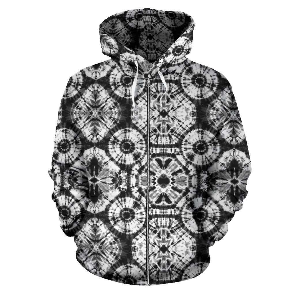 Tie Dye Black White Design Print Zip Up Hoodie