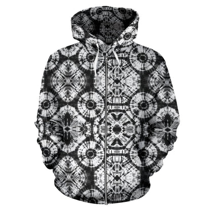 Tie Dye Black White Design Print Zip Up Hoodie