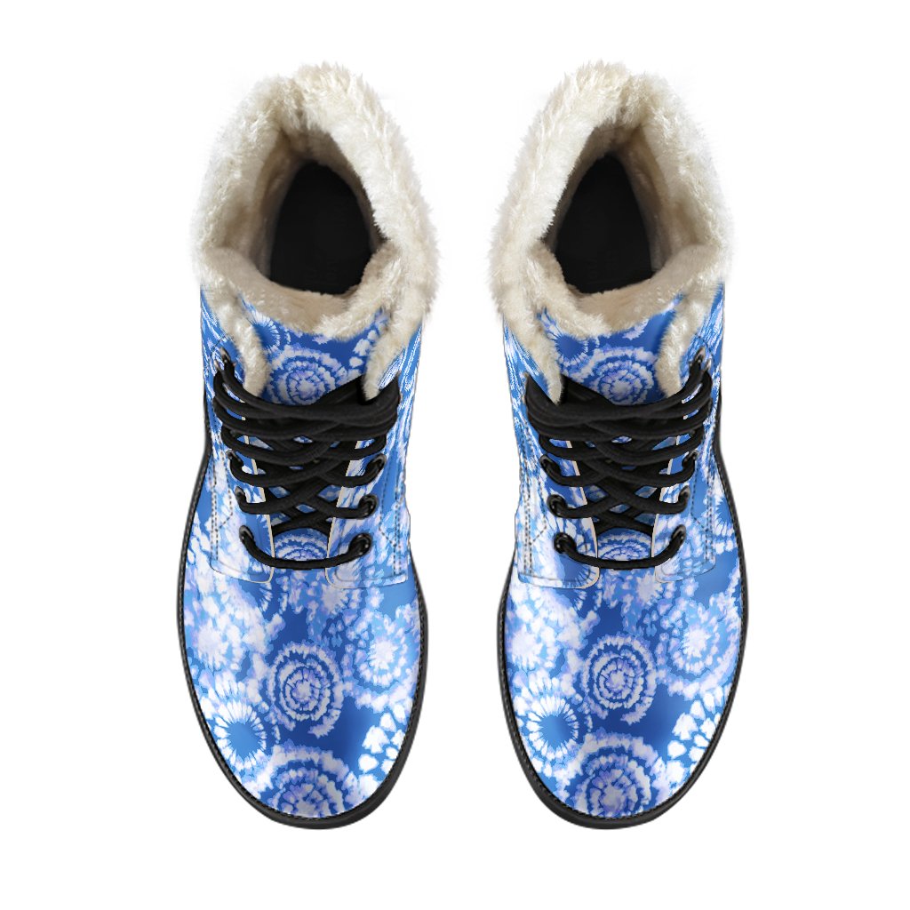 Tie Dye Blue Design Print Faux Fur Leather Boots-JTAMIGO.COM