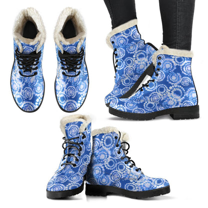 Tie Dye Blue Design Print Faux Fur Leather Boots-JTAMIGO.COM