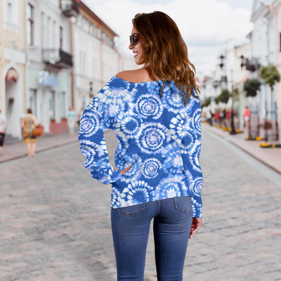 Tie Dye Blue Design Print Off Shoulder Sweatshirt