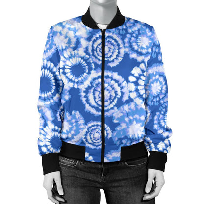 Tie Dye Blue Design Print Women Casual Bomber Jacket