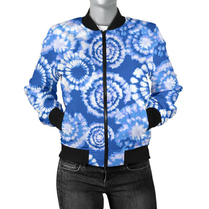Tie Dye Blue Design Print Women Casual Bomber Jacket
