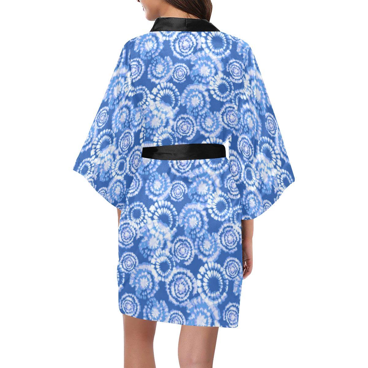 Tie Dye Blue Design Print Women Short Kimono Robe