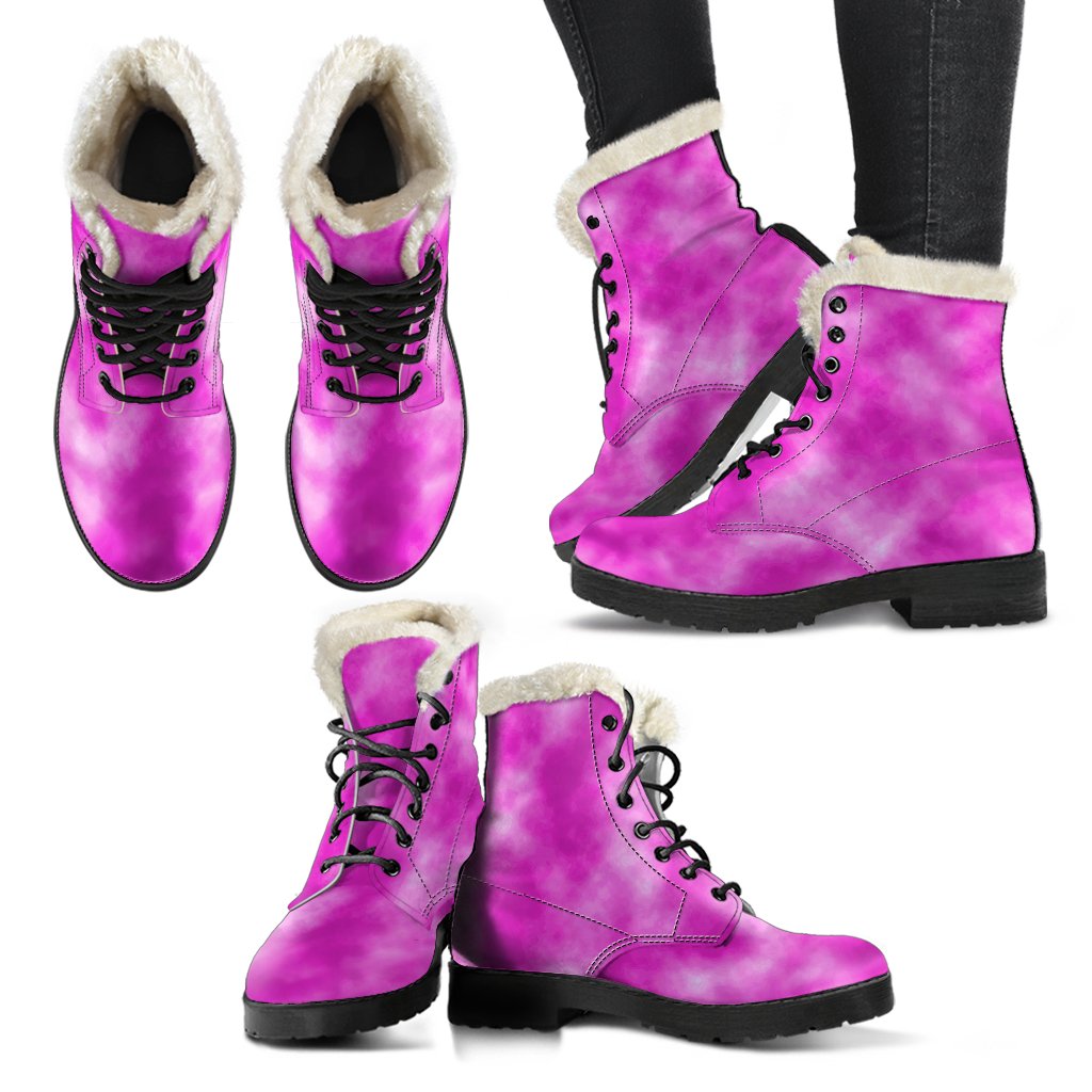 Tie Dye Pink Design Print Faux Fur Leather Boots-JTAMIGO.COM