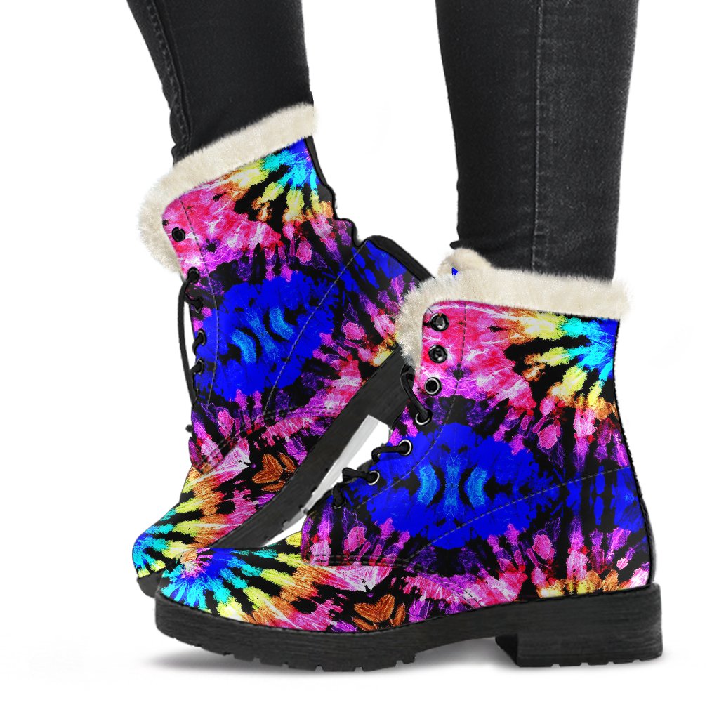 Tie Dye Rainbow Design Print Faux Fur Leather Boots-JTAMIGO.COM