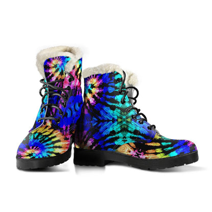 Tie Dye Rainbow Design Print Faux Fur Leather Boots-JTAMIGO.COM