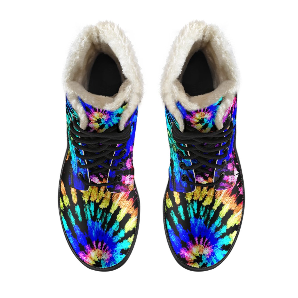 Tie Dye Rainbow Design Print Faux Fur Leather Boots-JTAMIGO.COM