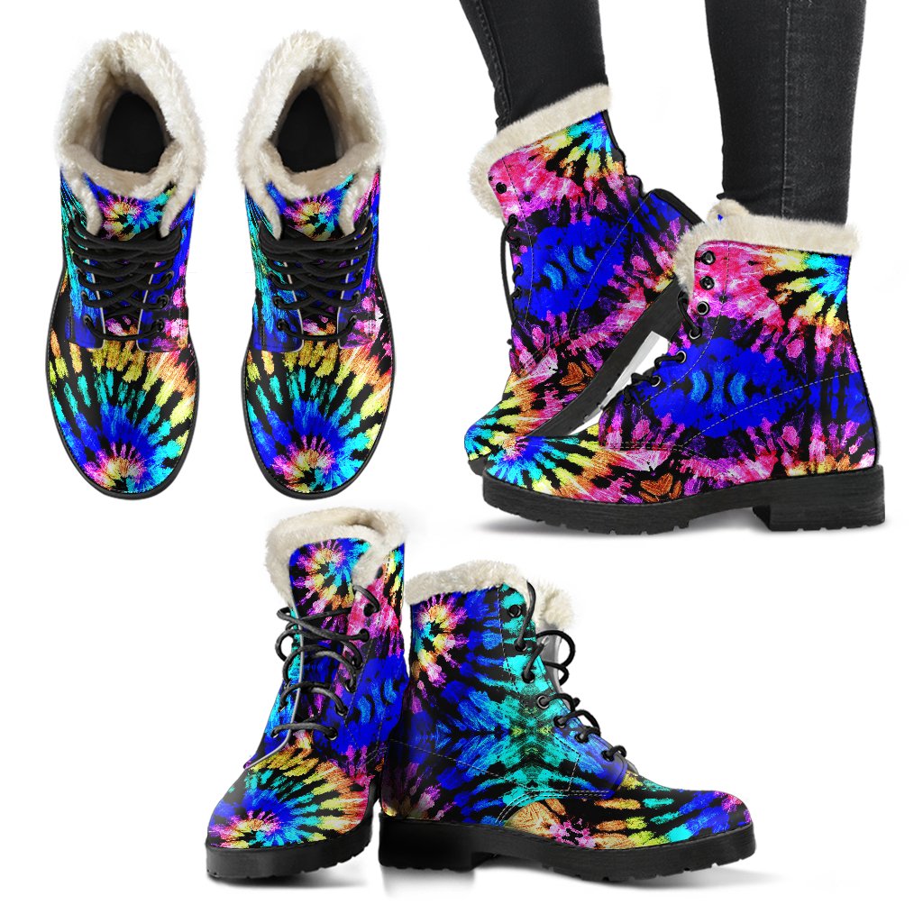 Tie Dye Rainbow Design Print Faux Fur Leather Boots-JTAMIGO.COM
