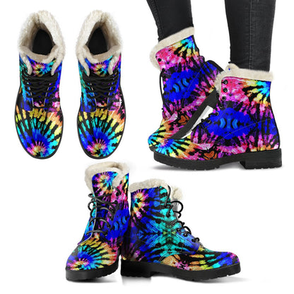 Tie Dye Rainbow Design Print Faux Fur Leather Boots-JTAMIGO.COM