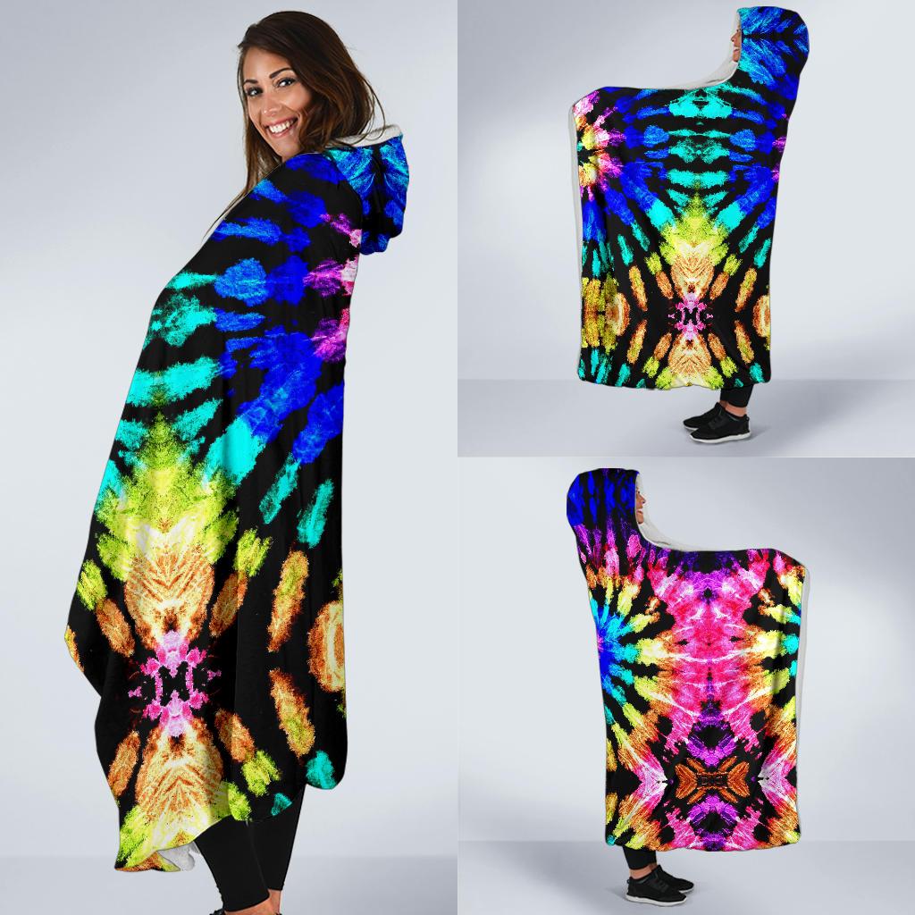 Tie Dye Rainbow Design Print Hooded Blanket-JTAMIGO.COM