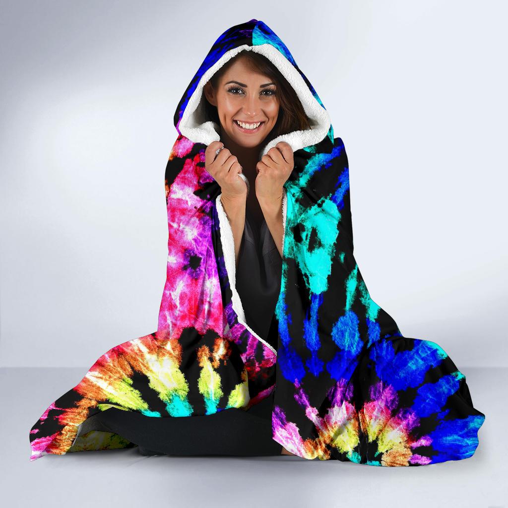 Tie Dye Rainbow Design Print Hooded Blanket-JTAMIGO.COM