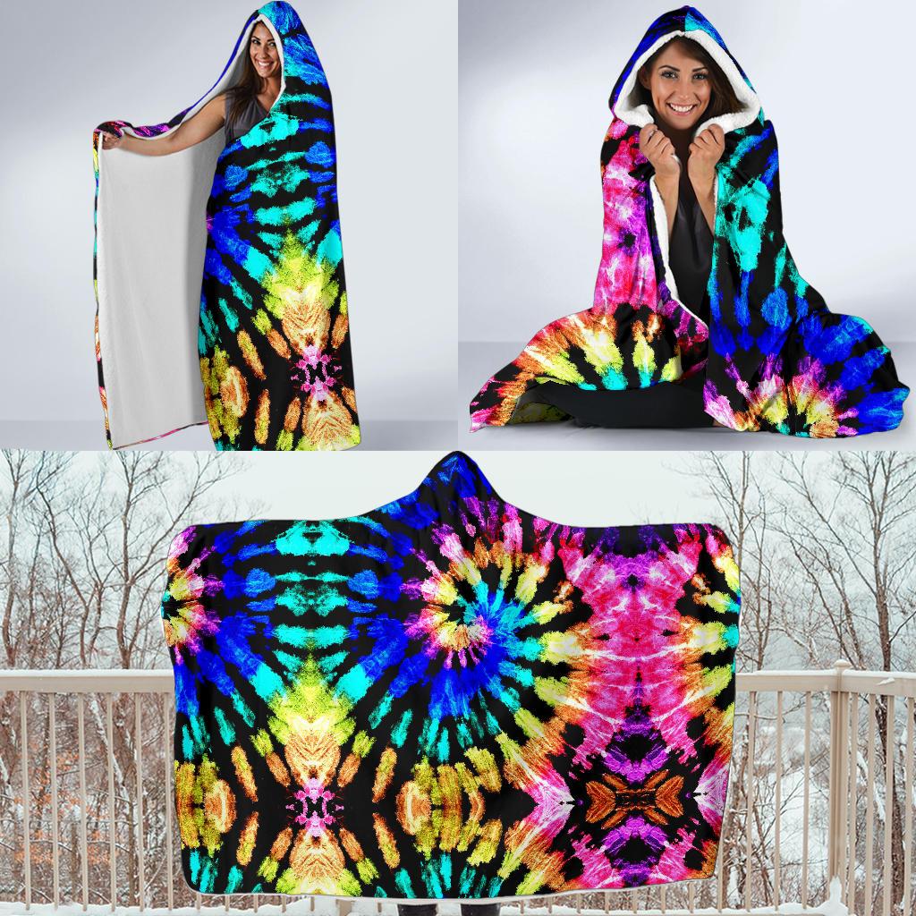 Tie Dye Rainbow Design Print Hooded Blanket-JTAMIGO.COM
