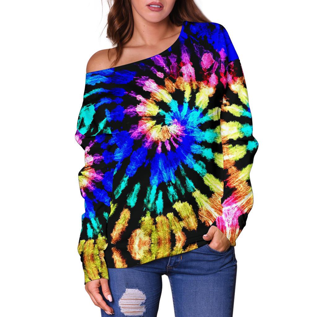 Tie Dye Rainbow Design Print Off Shoulder Sweatshirt