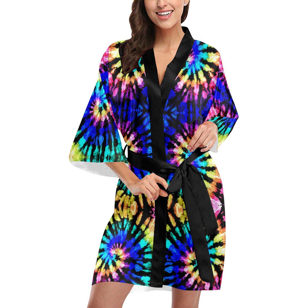 Tie Dye Rainbow Design Print Women Short Kimono Robe