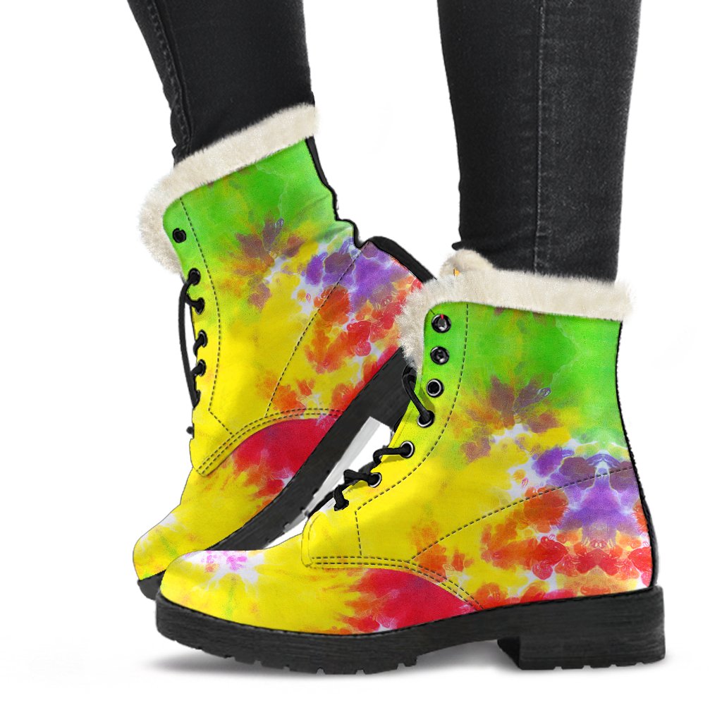 Tie Dye Rainbow Themed Print Faux Fur Leather Boots-JTAMIGO.COM