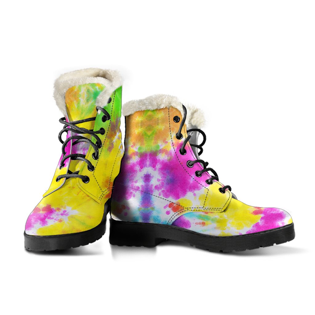 Tie Dye Rainbow Themed Print Faux Fur Leather Boots-JTAMIGO.COM