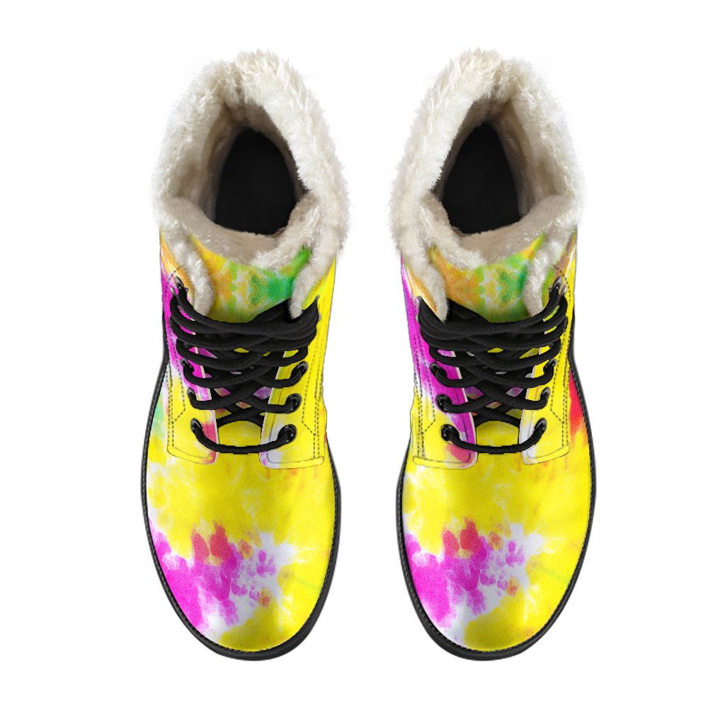 Tie Dye Rainbow Themed Print Faux Fur Leather Boots-JTAMIGO.COM