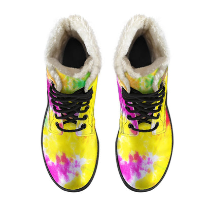Tie Dye Rainbow Themed Print Faux Fur Leather Boots-JTAMIGO.COM
