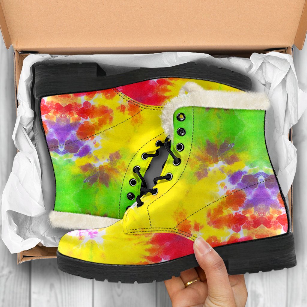 Tie Dye Rainbow Themed Print Faux Fur Leather Boots-JTAMIGO.COM