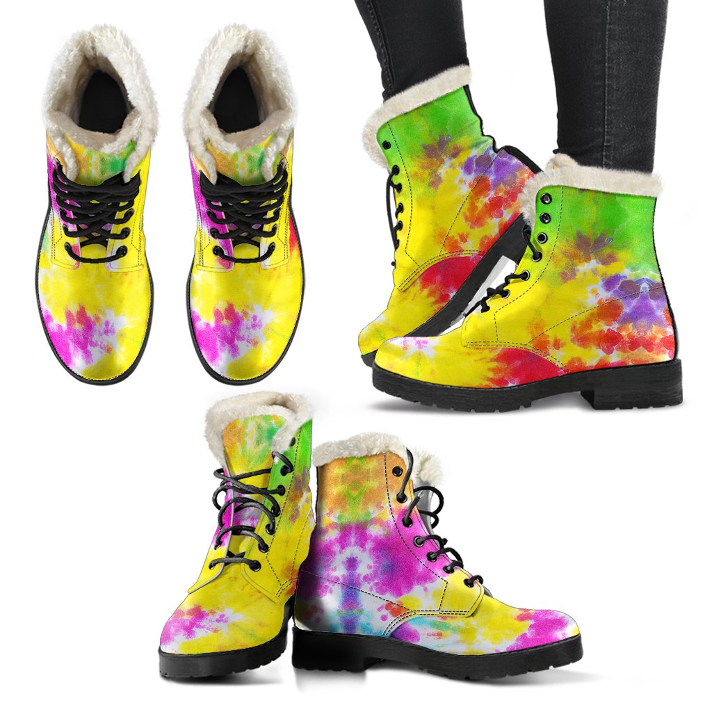 Tie Dye Rainbow Themed Print Faux Fur Leather Boots-JTAMIGO.COM