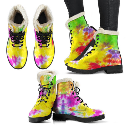 Tie Dye Rainbow Themed Print Faux Fur Leather Boots-JTAMIGO.COM