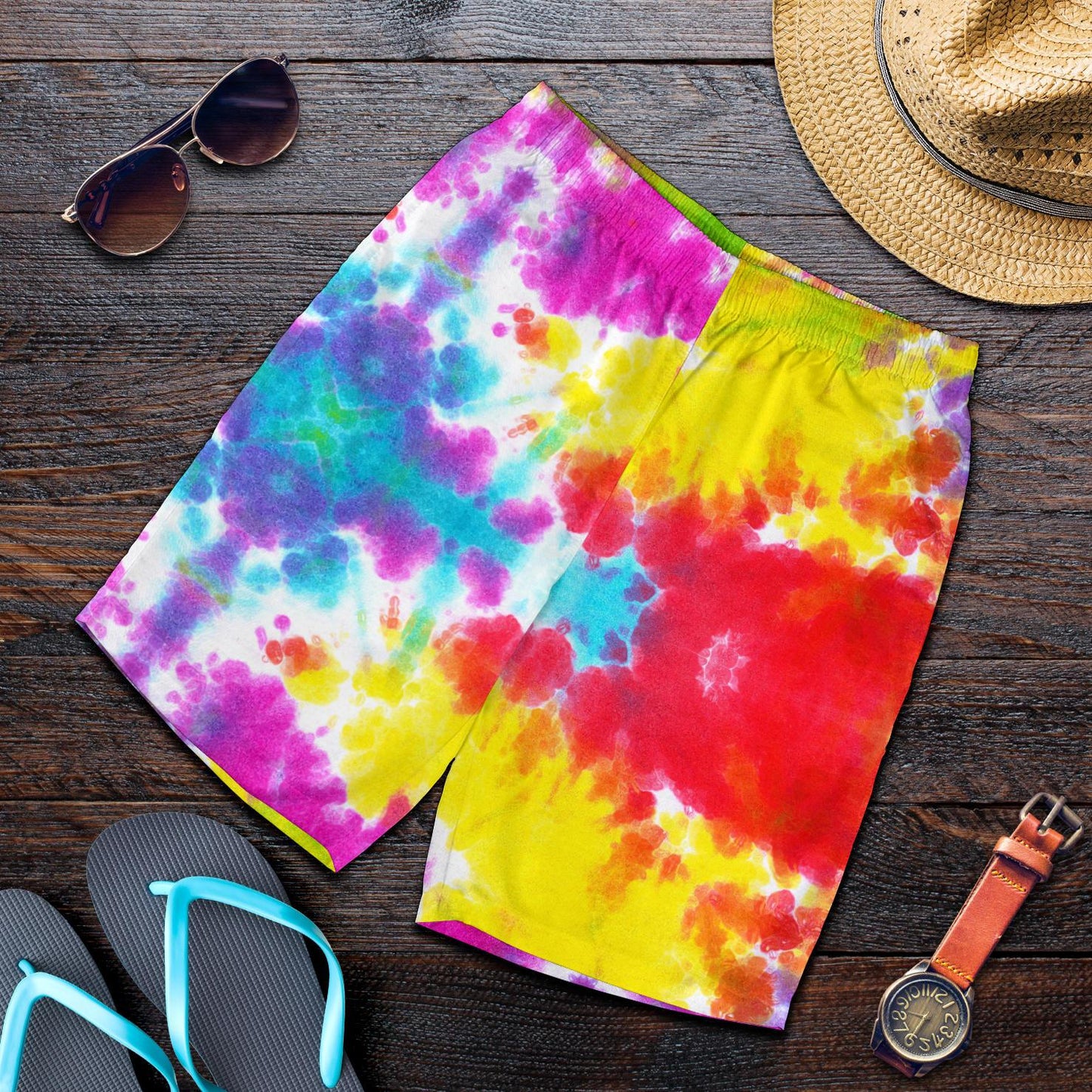 Tie Dye Rainbow Themed Print Mens Shorts-JTAMIGO.COM