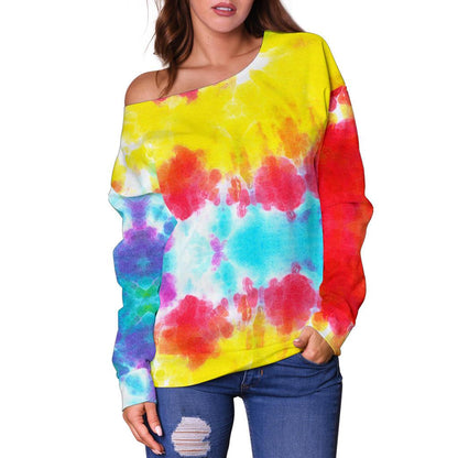 Tie Dye Rainbow Themed Print Off Shoulder Sweatshirt