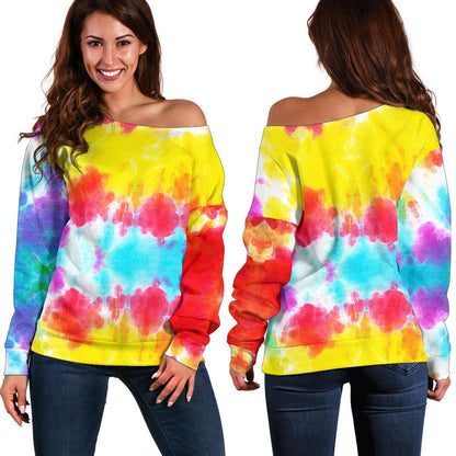 Tie Dye Rainbow Themed Print Off Shoulder Sweatshirt