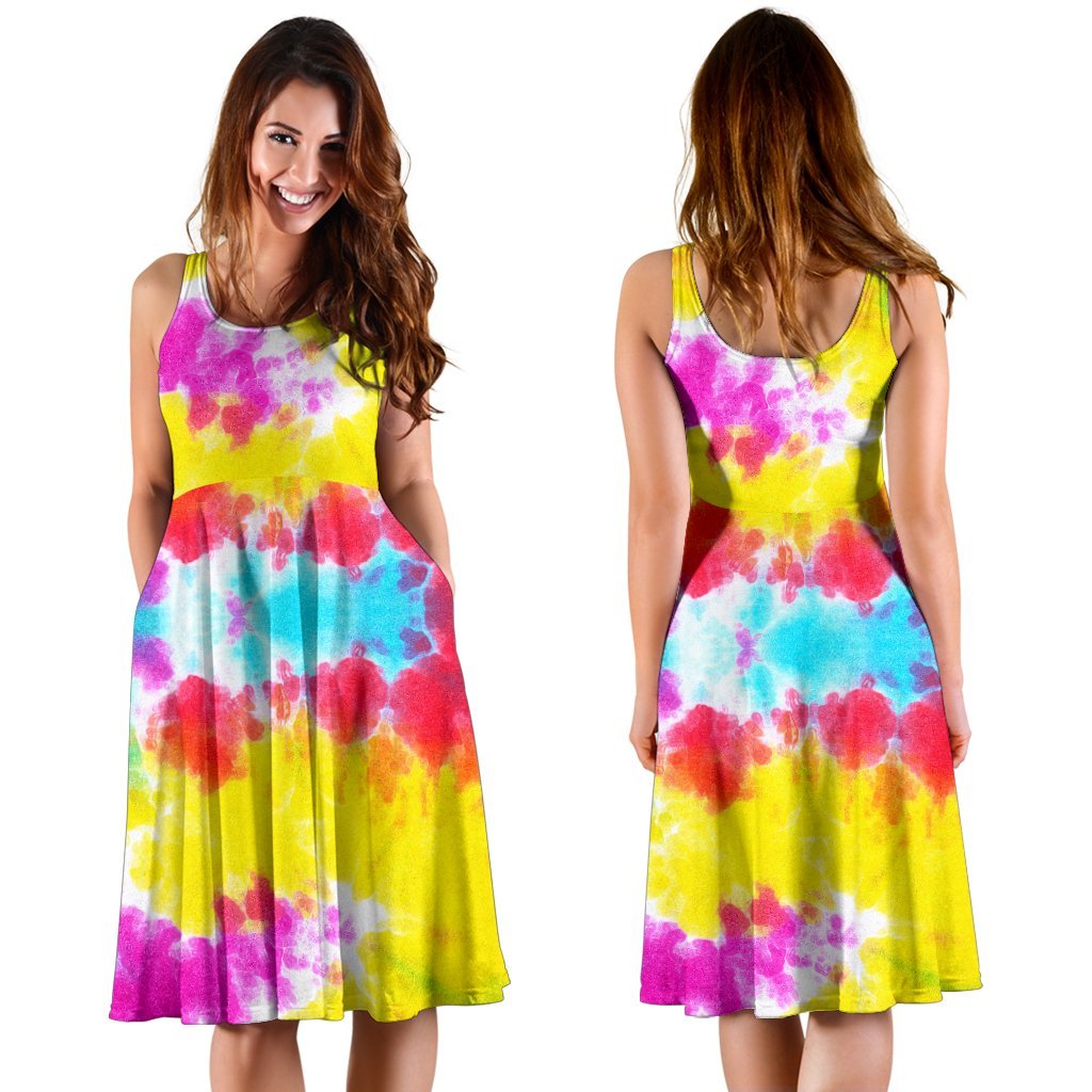 Tie Dye Rainbow Themed Print Sleeveless Dress