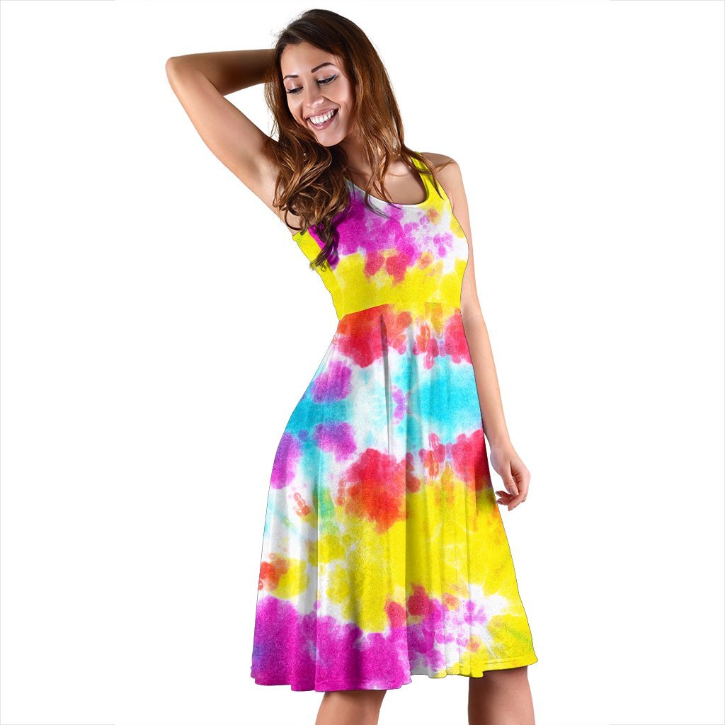 Tie Dye Rainbow Themed Print Sleeveless Dress
