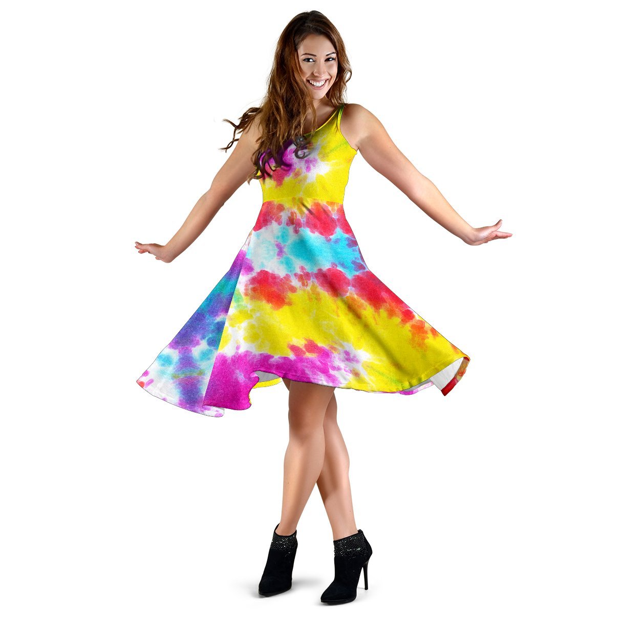 Tie Dye Rainbow Themed Print Sleeveless Dress