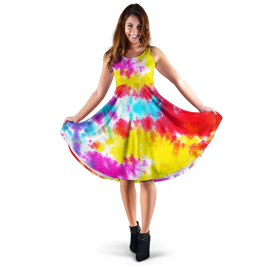 Tie Dye Rainbow Themed Print Sleeveless Dress