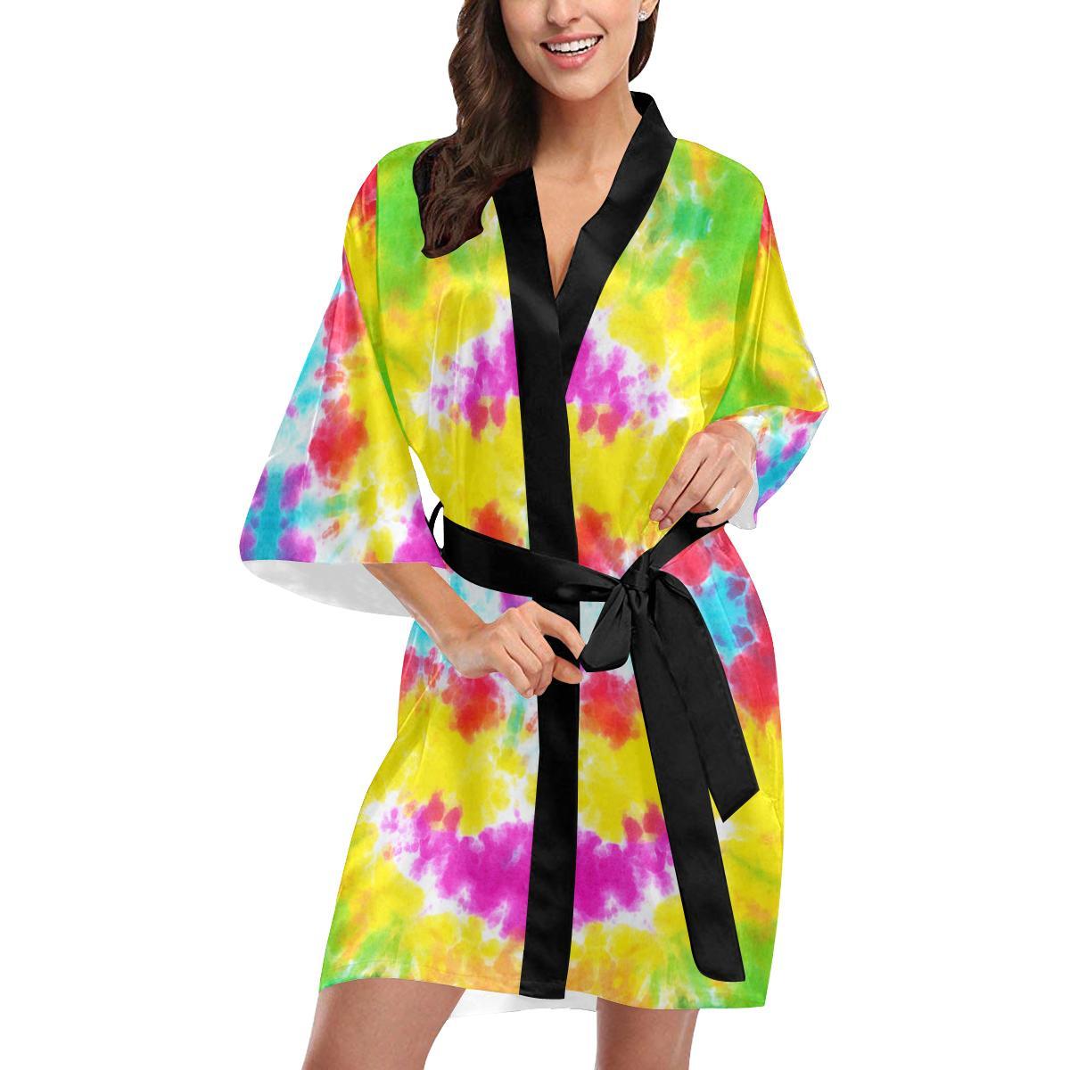 Tie Dye Rainbow Themed Print Women Short Kimono Robe