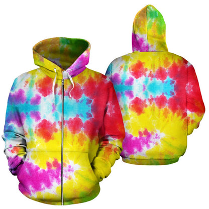 Tie Dye Rainbow Themed Print Zip Up Hoodie