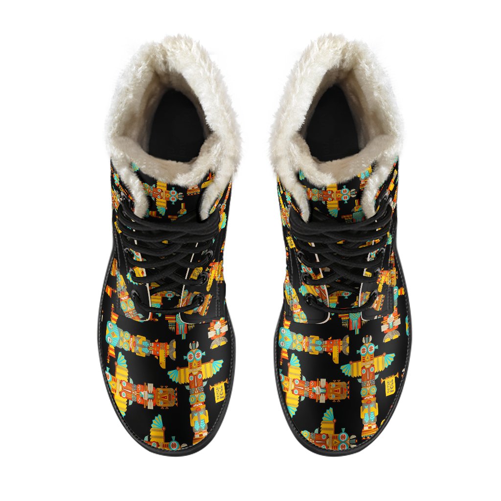 Totem Pole Cartoon Print Faux Fur Leather Boots-JTAMIGO.COM