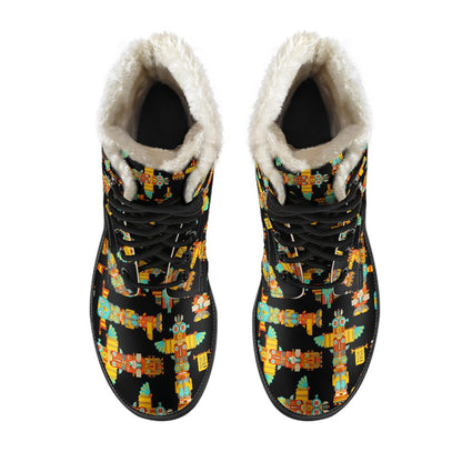 Totem Pole Cartoon Print Faux Fur Leather Boots-JTAMIGO.COM
