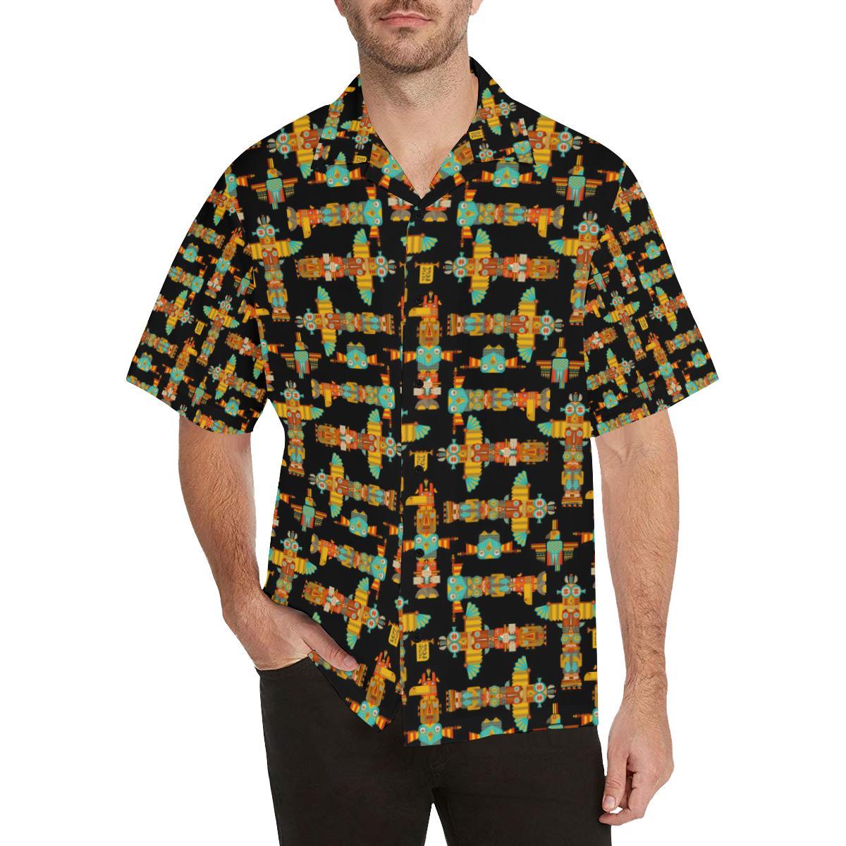 Totem Pole Cartoon Print Men Aloha Hawaiian Shirt