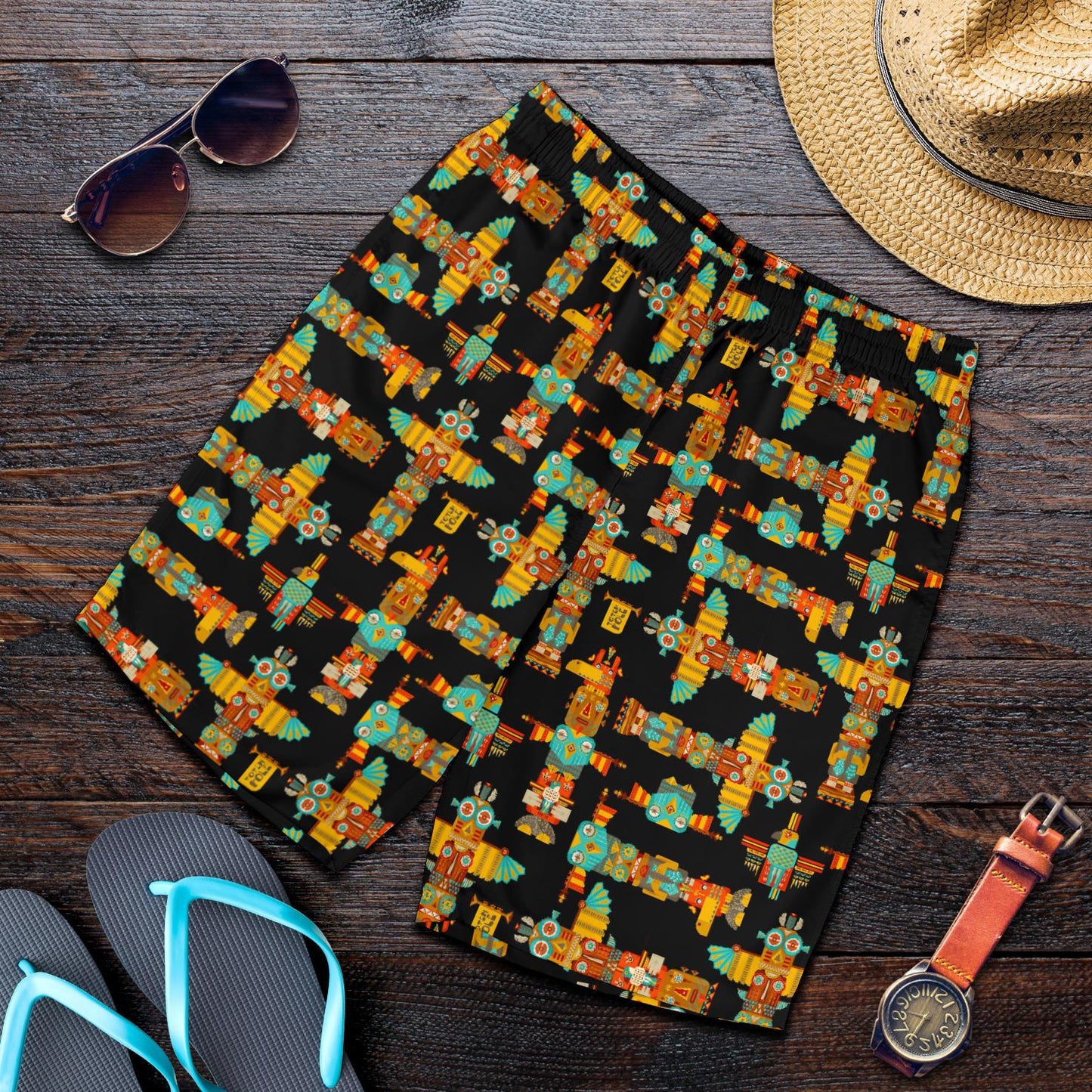 Totem Pole Cartoon Print Mens Shorts-JTAMIGO.COM