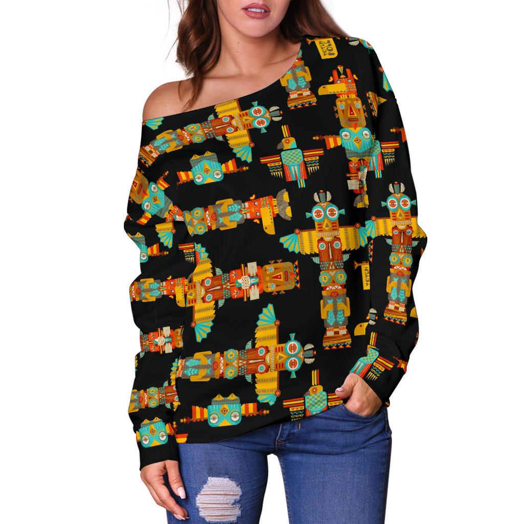Totem Pole Cartoon Print Off Shoulder Sweatshirt